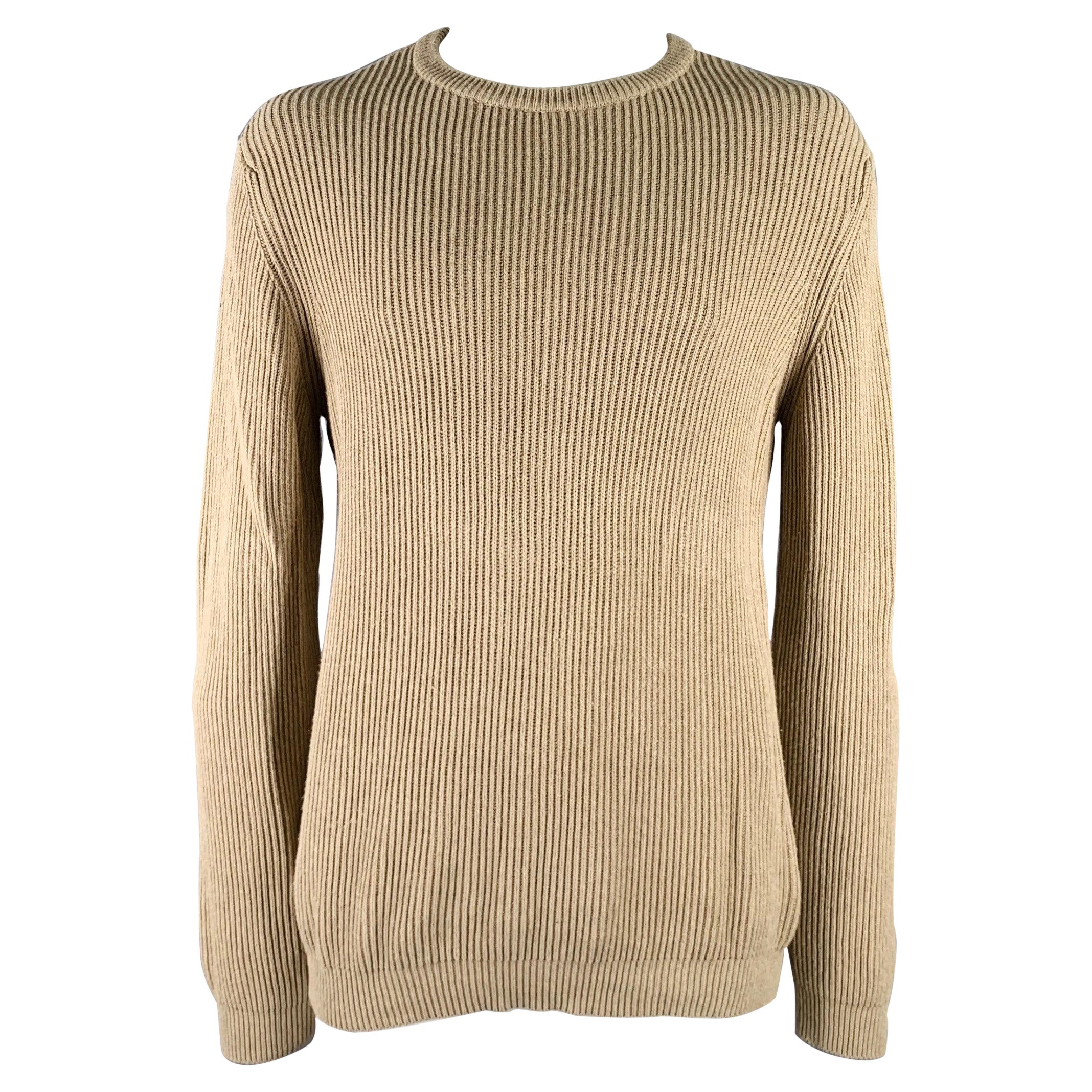 NEIMAN MARCUS Size XL Beige Knit Cotton Crew Neck Sweater For Sale