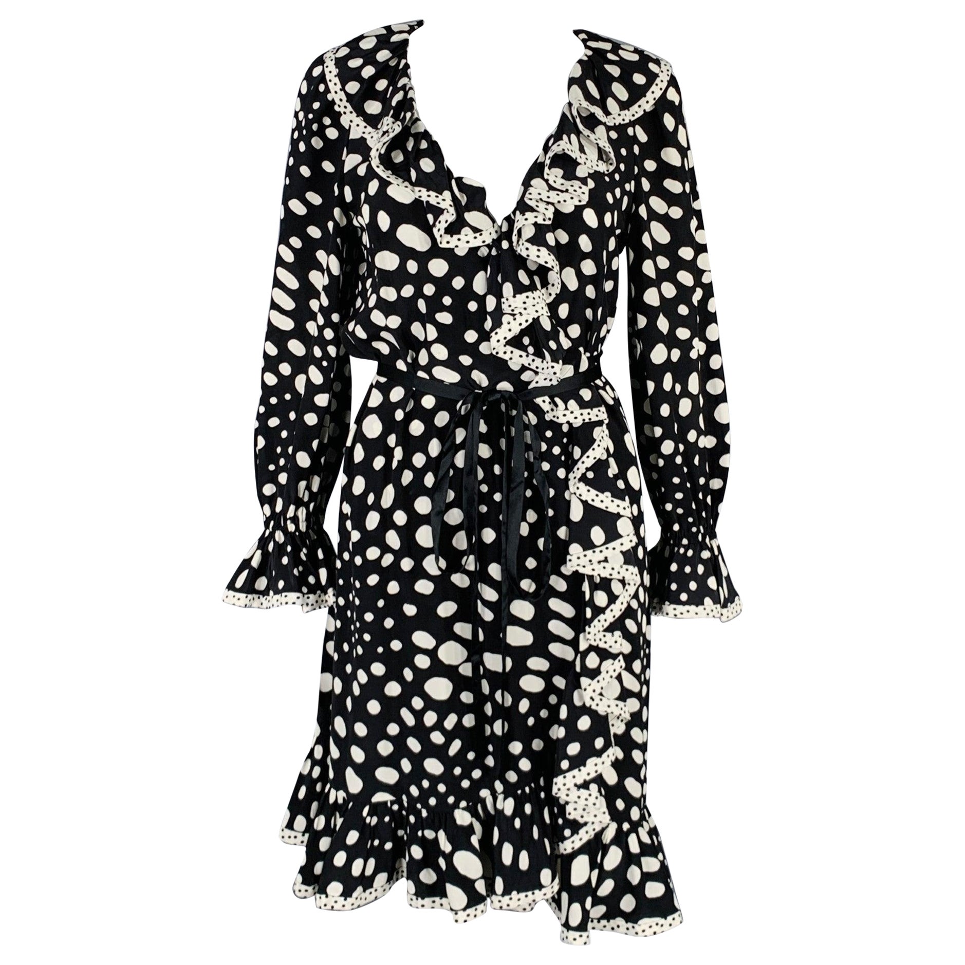 MARC JACOBS Size 4 Black White Polka Dot Wrap Dress For Sale
