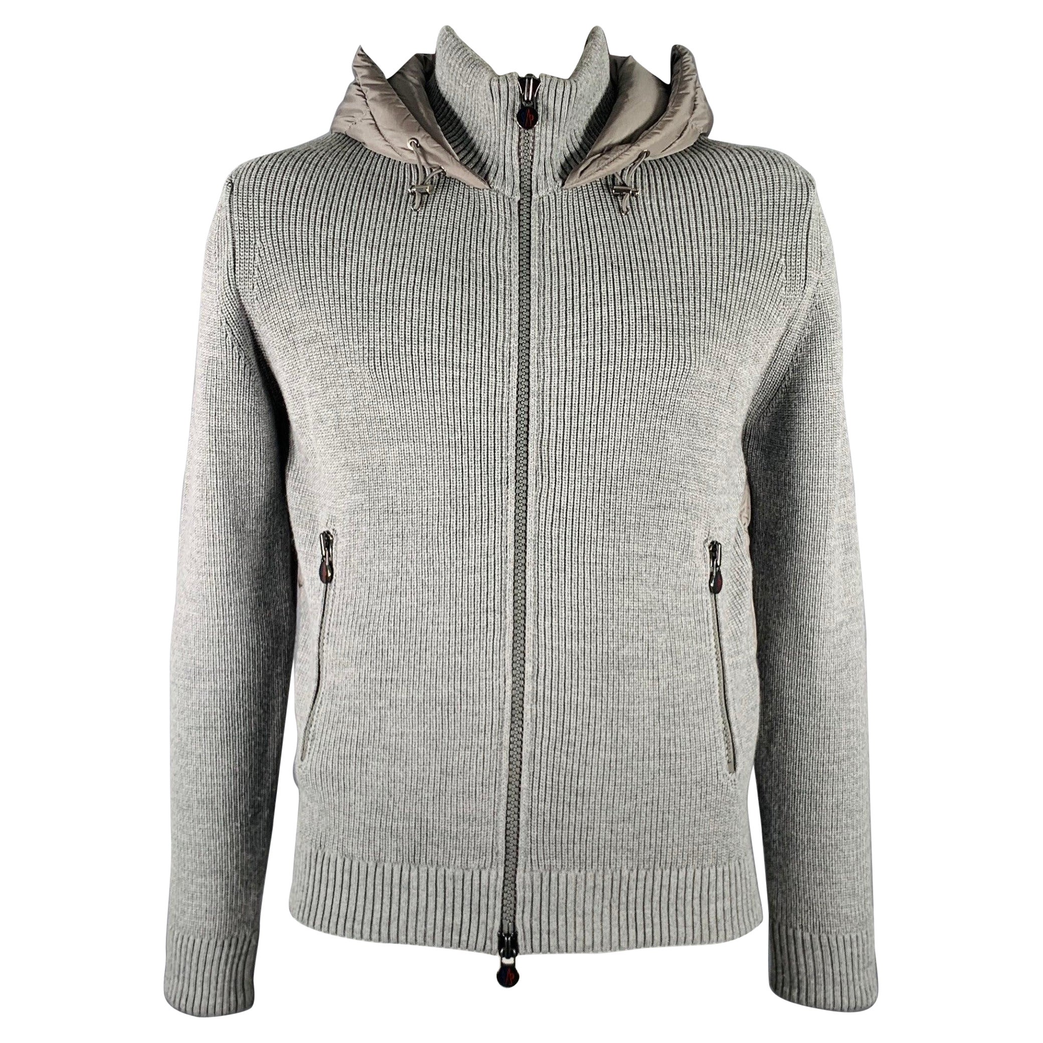 MONCLER Size XL Grey Knit Wool Acrylic Hooded Jacket For Sale