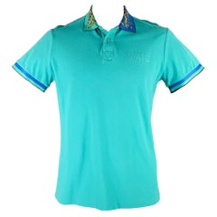 VERSACE JEANS COUTURE Size L Turquoise Blue Green Baroque Knit Polo