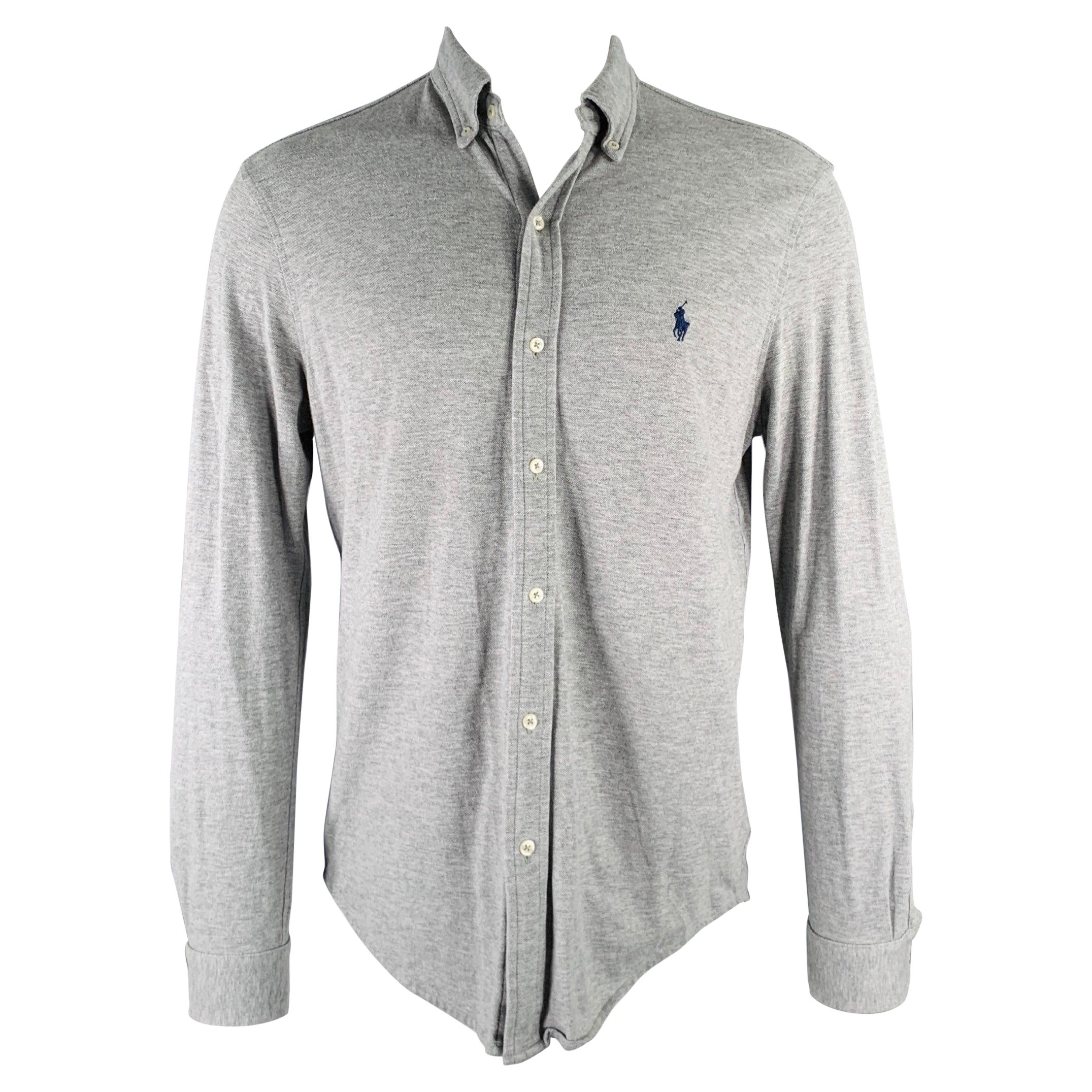 RALPH LAUREN Size M Grey Knit Cotton Button Down Long Sleeve Shirt For Sale
