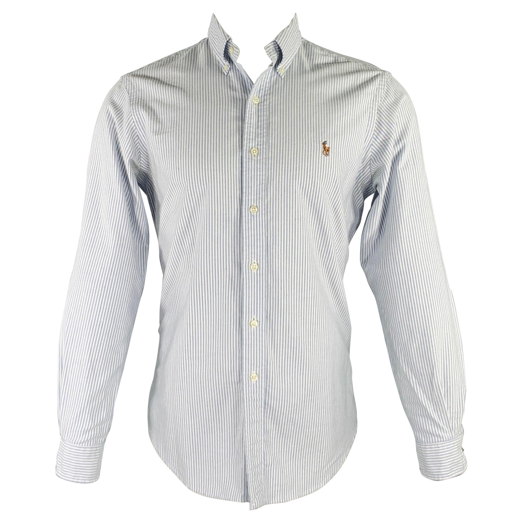 RALPH LAUREN Size S White Light Blue Stripe Cotton Button Down Long Sleeve Shirt For Sale