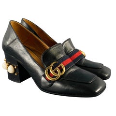 GUCCI Size 7.5 Marmont Black Leather Pearls Chunky Heel Pumps
