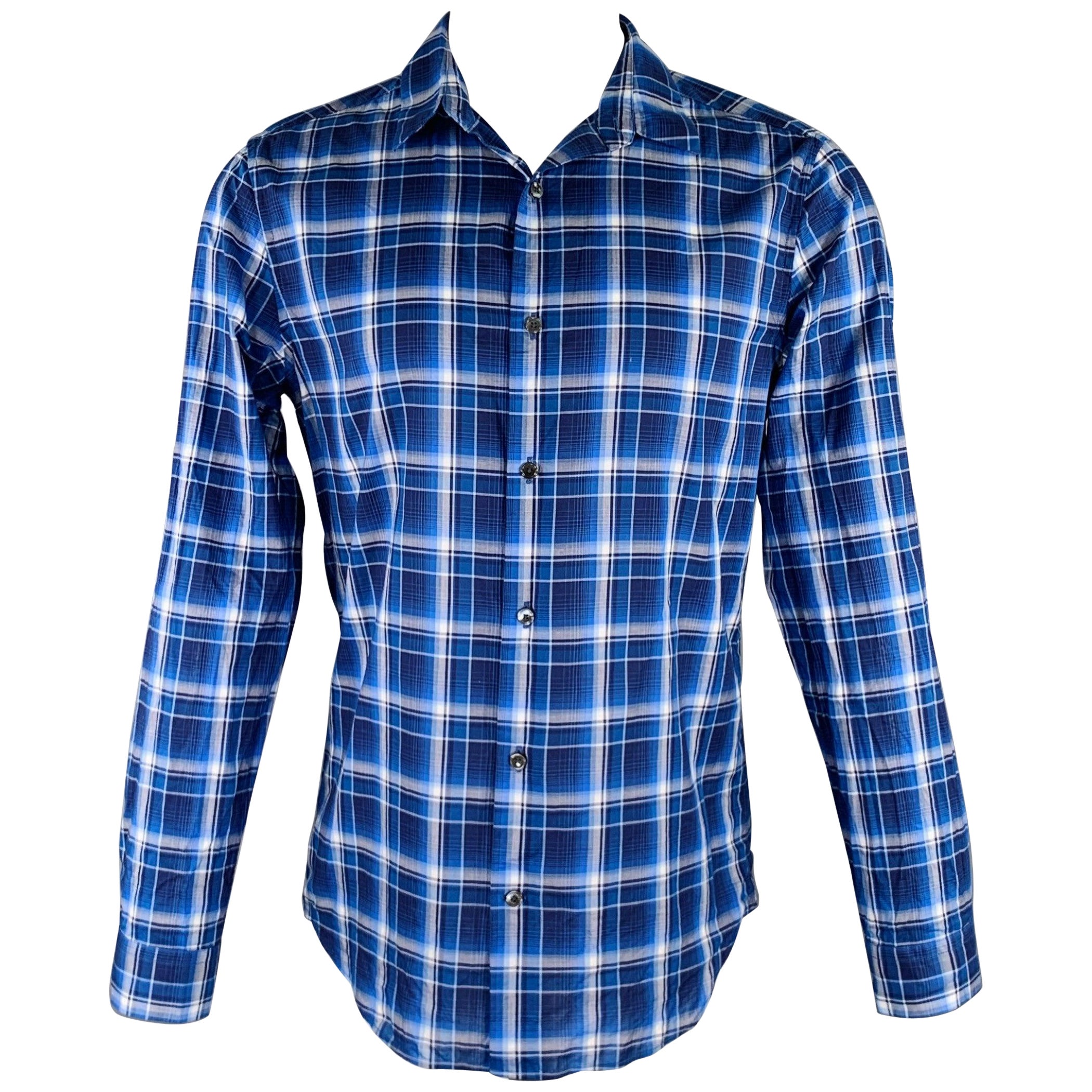 VINCE Size M Navy White Plaid Long Sleeve Shirt For Sale