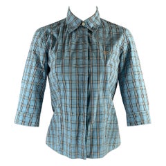 BURBERRY Size S Blue Black White Cotton Plaid Hidden Buttons Blouse