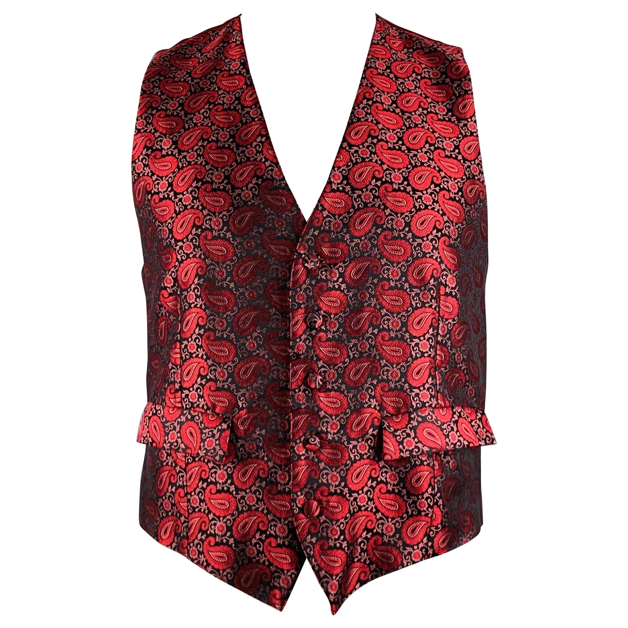 CHARVET Size L Burgundy Black Jacquard Silk Buttoned Vest en vente