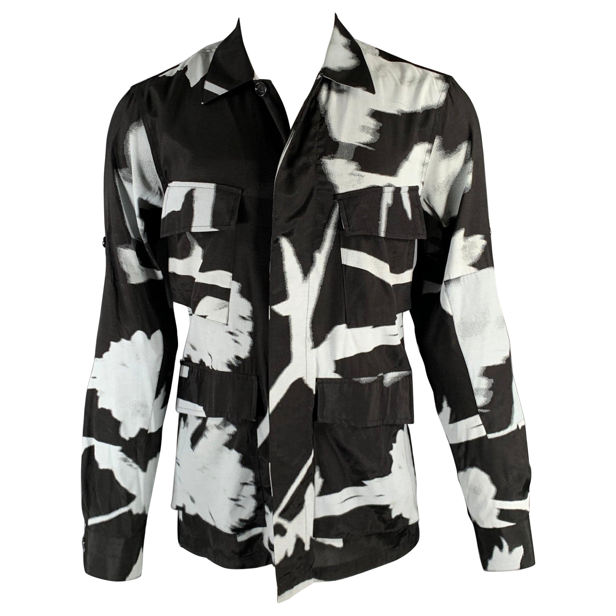 PAUL SMITH Größe S Schwarz-Weiß-Druck Viskose Patch-Taschen Jacke