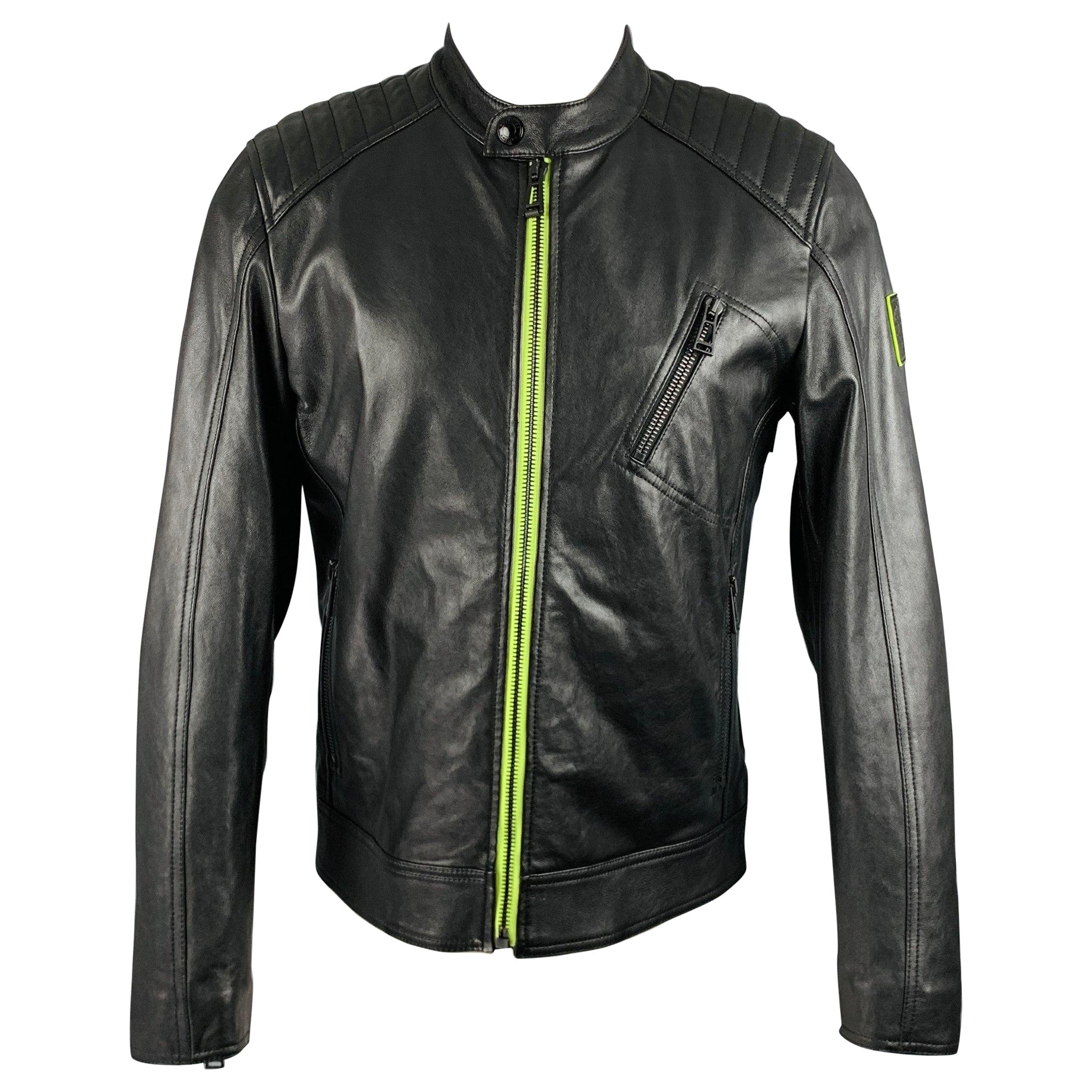 BELSTAFF Size 38 -Flash V Racer- Black Green Leather Biker Jacket For Sale