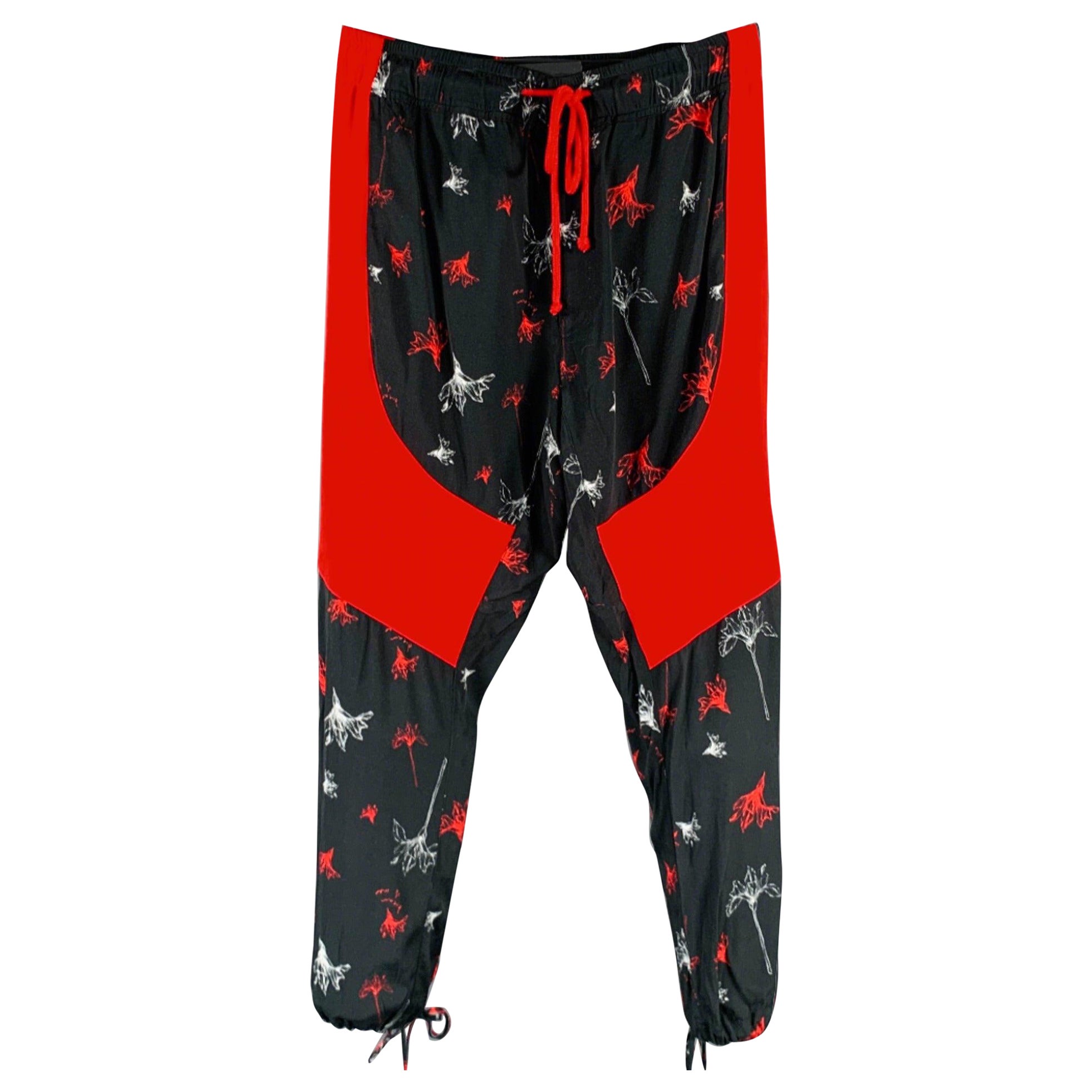 PRABAL GURUNG Size S Black Red Floral Lounge Casual Pants For Sale