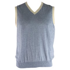 ETRO Size XL Blue White Knitted Cotton Cashmere V-Neck Vest