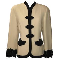Vintage Genny 1990s Cream Wool Crepe Blazer Jacket with Black Beaded Trim