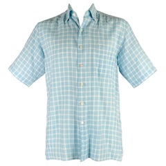 Ermenegildo Zegna Taglia L Camicia a maniche corte in lino a quadri bianchi e blu chiaro