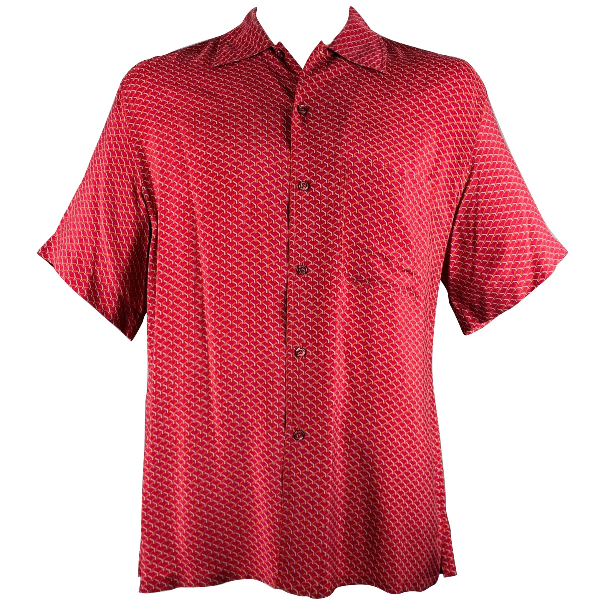 BRIONI Size L Burgundy Orange Blue Geometric Print Rayon Short Sleeve Shirt For Sale