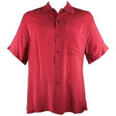 BRIONI Taglia L Camicia a manica corta in rayon con stampa geometrica, colore arancione e blu.