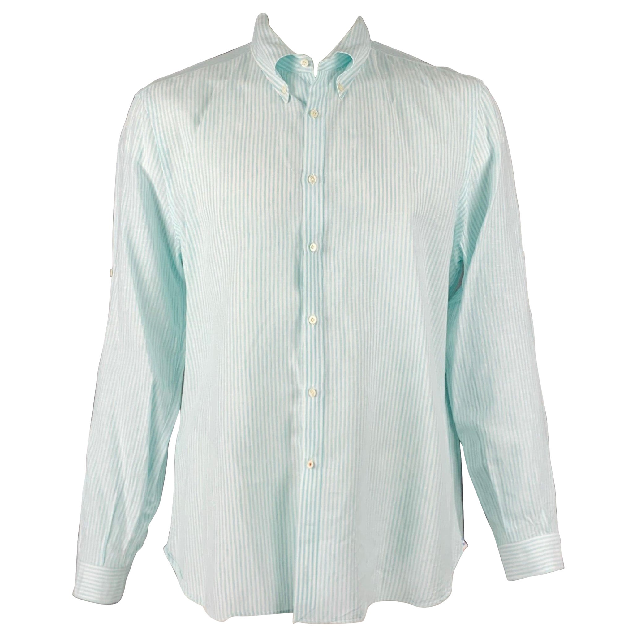 ISAIA Size XL Blue White Stripe Linen Cotton Roll Tab Long Sleeve Shirt For Sale