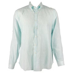 ISAIA Size XL Blue White Stripe Linen Cotton Roll Tab Long Sleeve Shirt