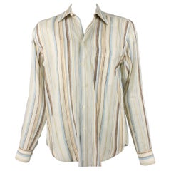 BRIONI Size L Beige Multi Color Stripe Linen Button Up Long Sleeve Shirt