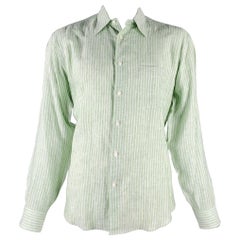 Brioni taglia L Camicia a maniche lunghe in lino a righe verdi con bottone