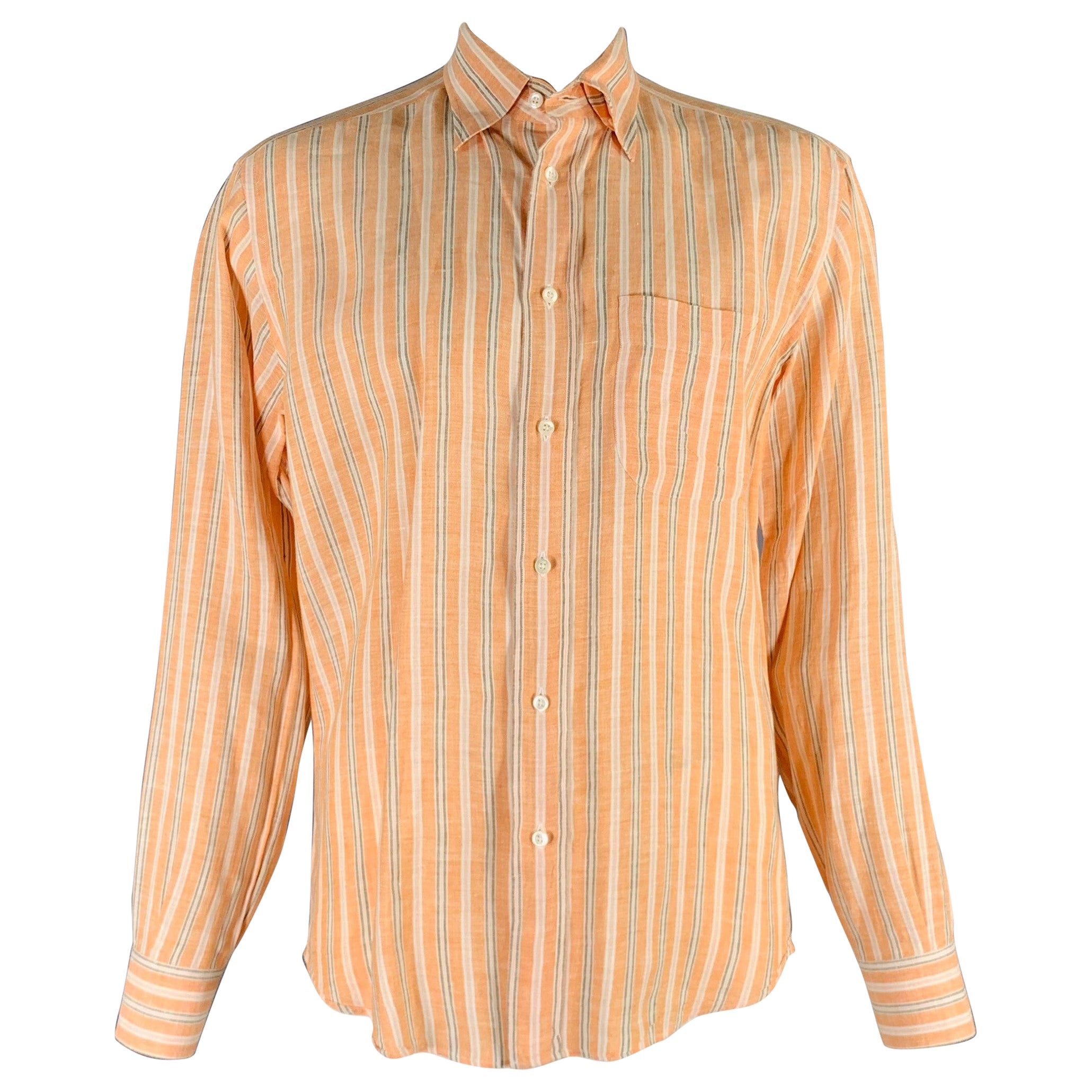 BRIONI Size L Orange Stripe Linen Button Up Long Sleeve Shirt