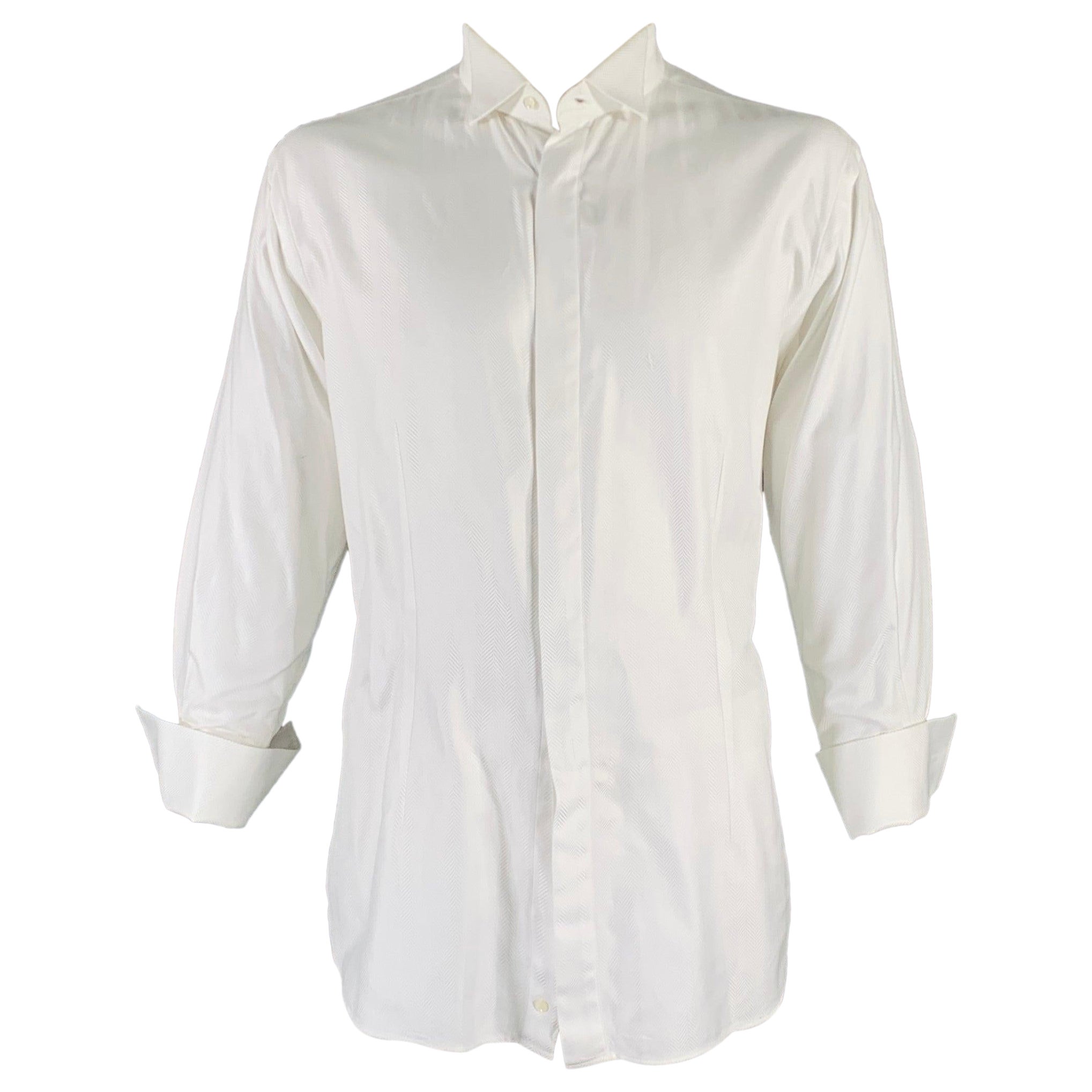 ETRO Size XXL White Herringbone Cotton Tuxedo Long Sleeve Shirt For Sale