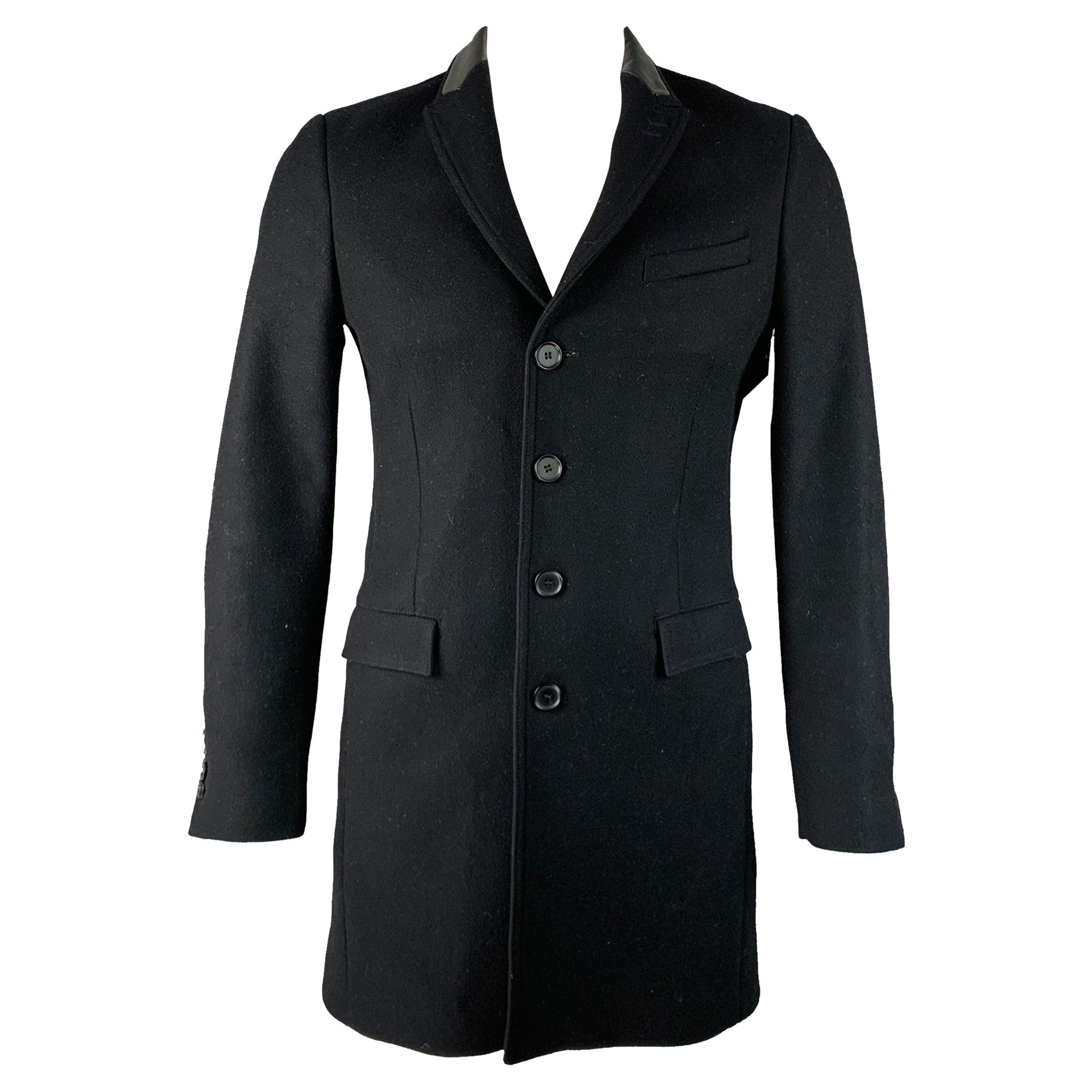 THE KOOPLES Size 44 Black Wool Blend Leather Trim Peak Lapel Coat For Sale