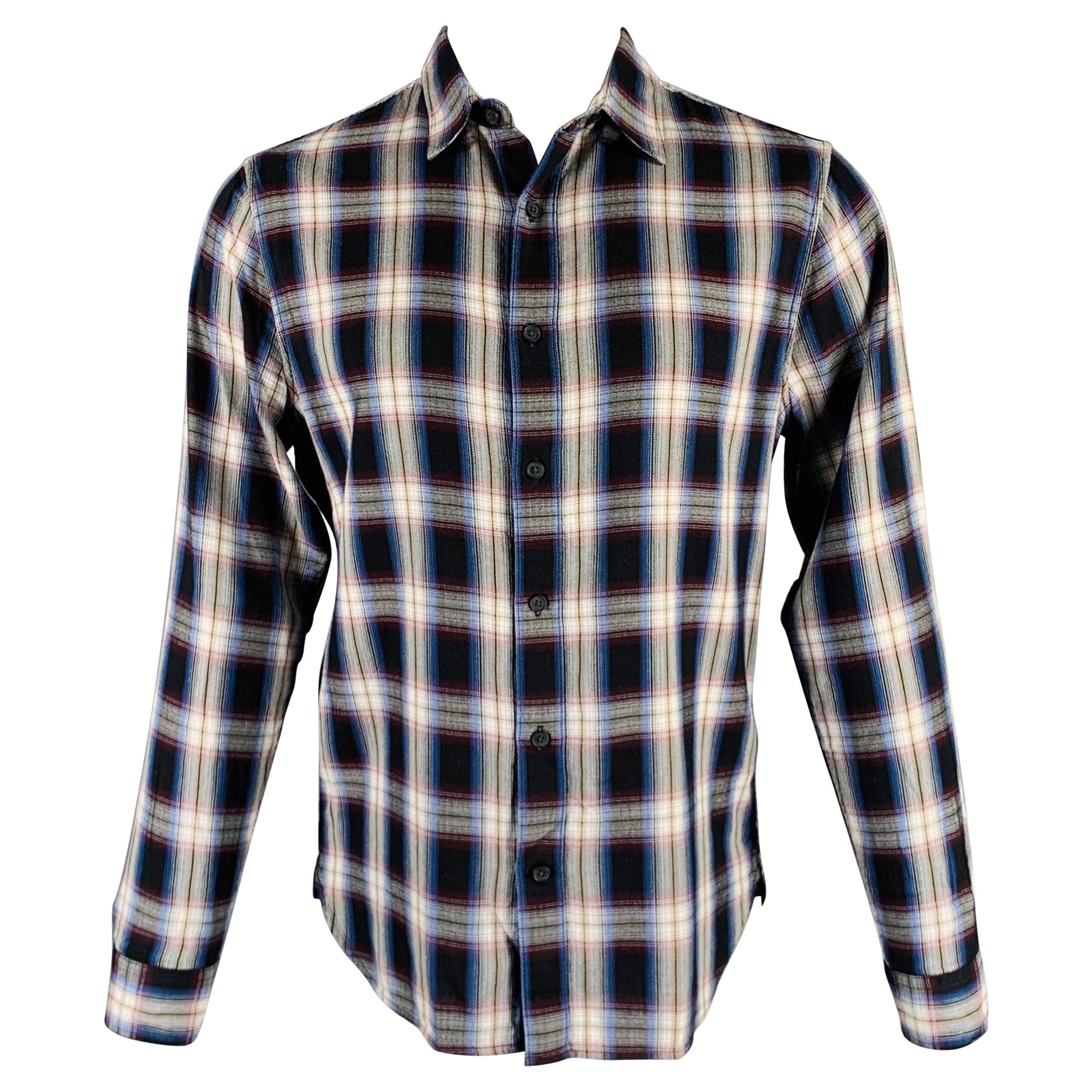 VINCE Size S Black Red Plaid Cotton Blend Spread Collar Long Sleeve Shirt For Sale