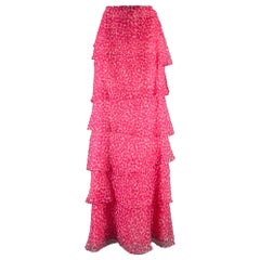 OSCAR DE LA RENTA Size 8 Pink White Dots Ruffle Long Skirt