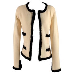 CHANEL Size M Cream Black Cashmere Contrast trim Open Front Cardigan