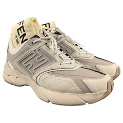 FENDI Größe 12 Grau Weiß Mixed Materials Spitzen-Sneakers mit Schnürung