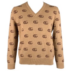 GUCCI Size XL Tan Brown GG Monogram Cashmere Wool V-Neck Sweater