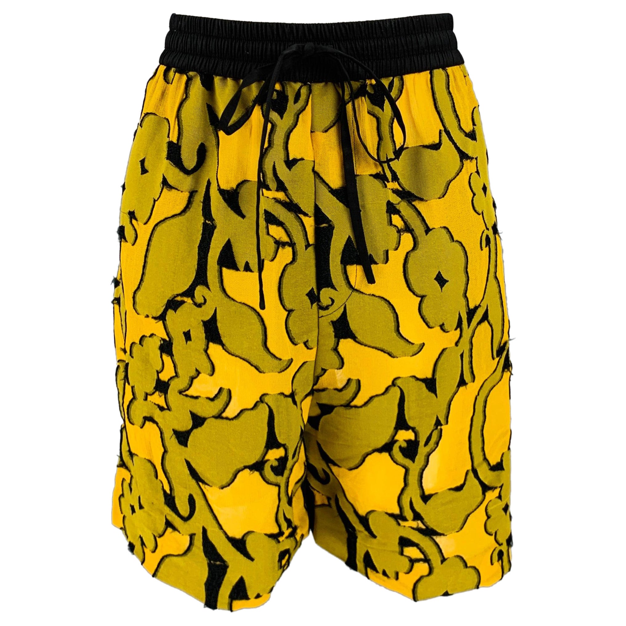 PRABAL GURUNG Size M Yellow Black Floral Athletic Drawstring Shorts