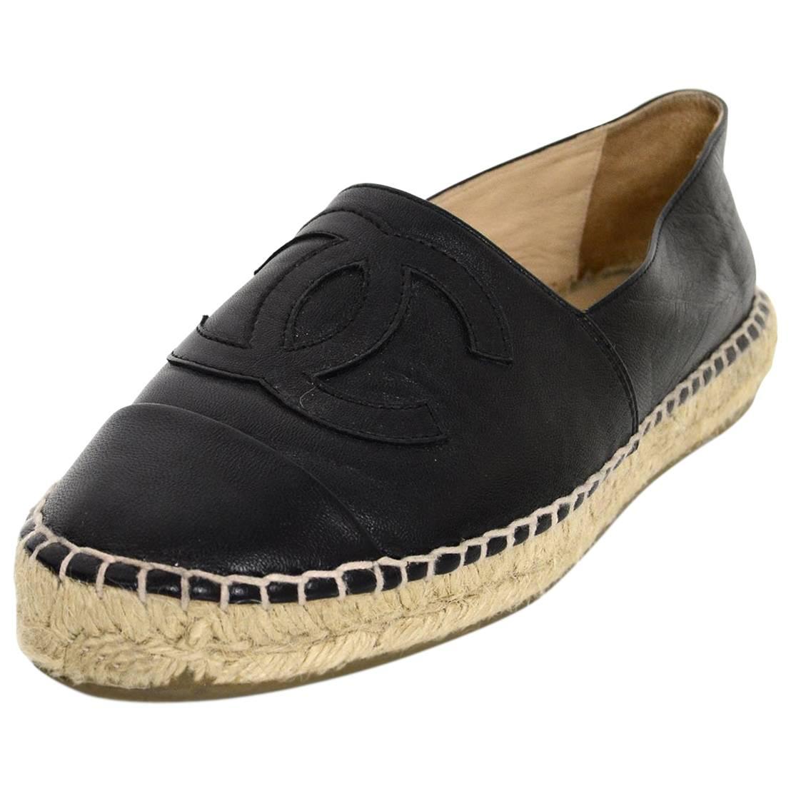 Chanel 2015 Black Lambskin Leather CC Espadrilles sz 37