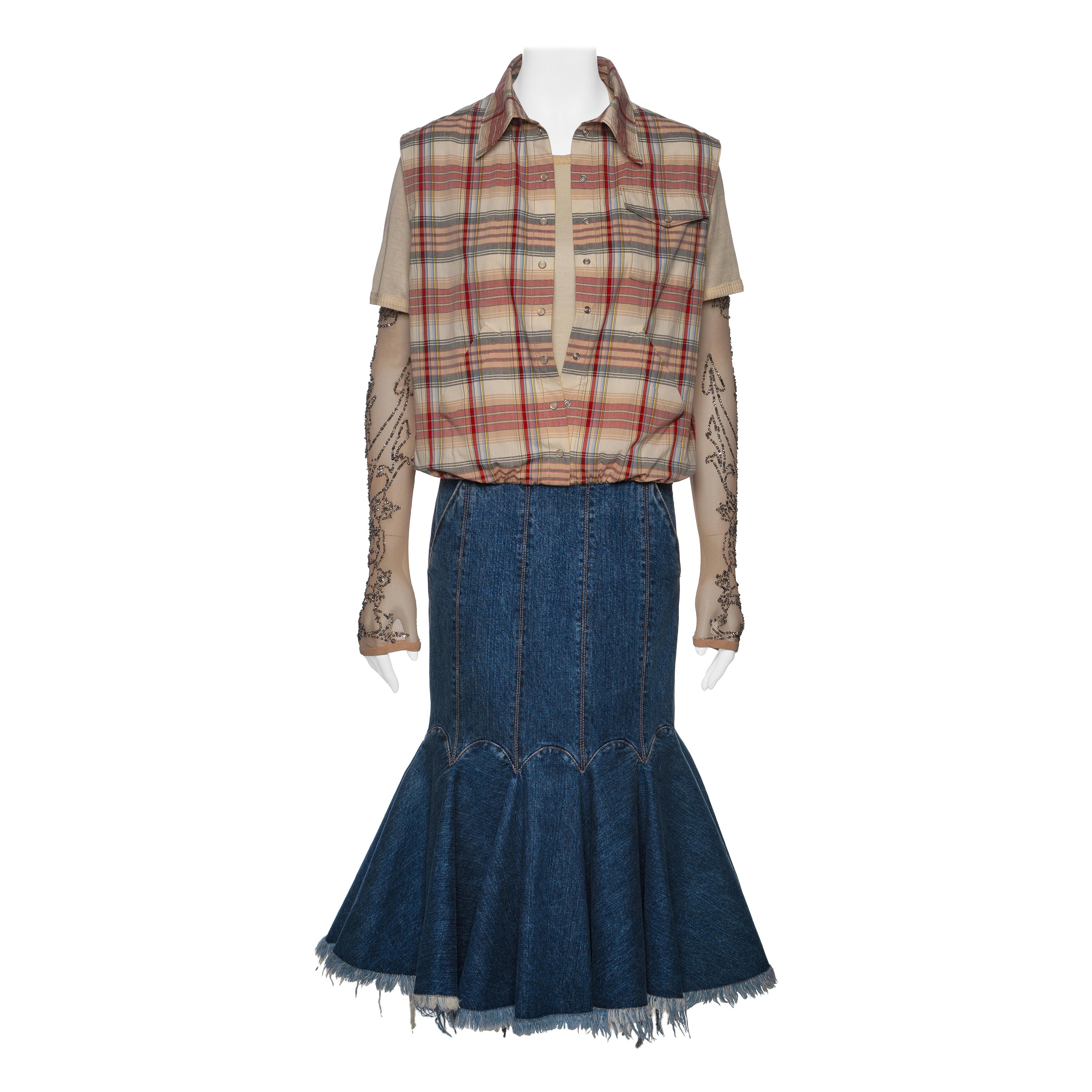 Alexander McQueen Layered Shirt and Denim Skirt Dress with Embroidery, SS 2004 For Sale