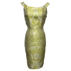 Chartreuse and Pearl Abstract Fleur de Lis Blouson Back Slim Dress