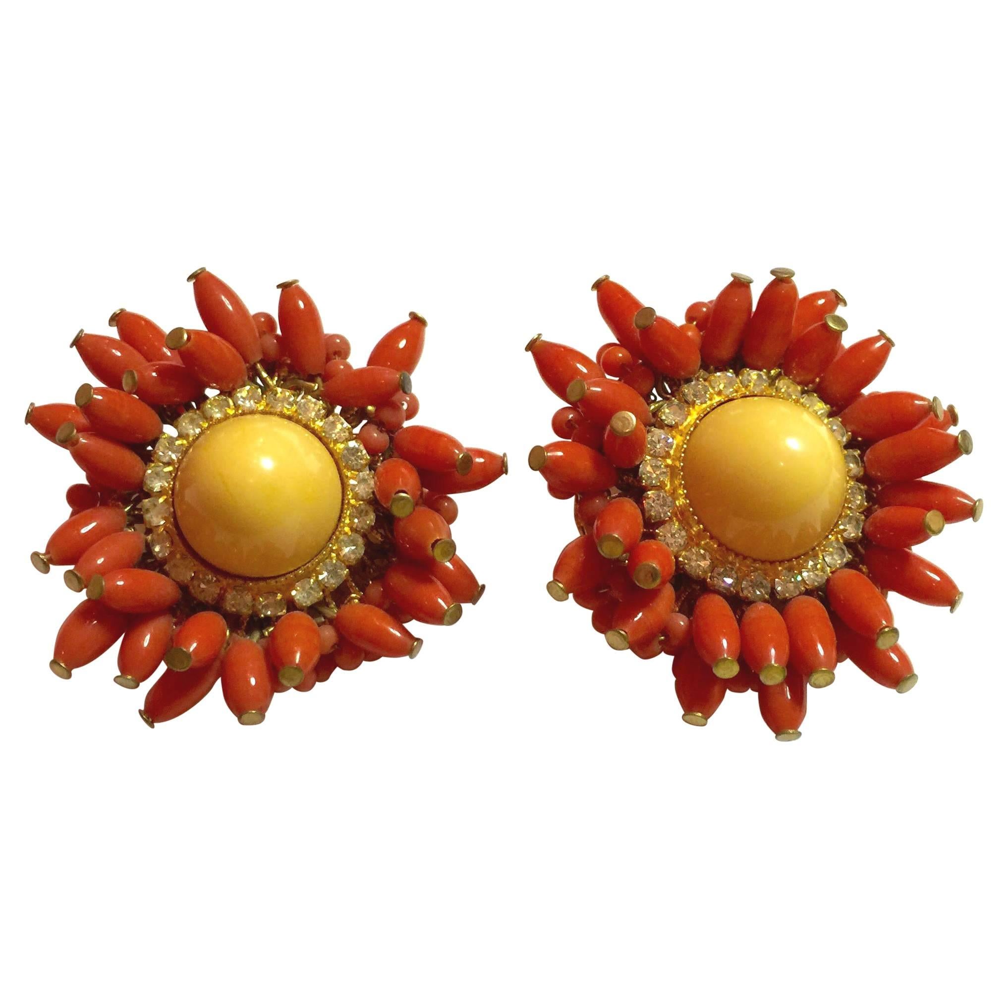 1960s Fabulous DeLillo Faux Coral and Diamond Clipback Earrings  For Sale