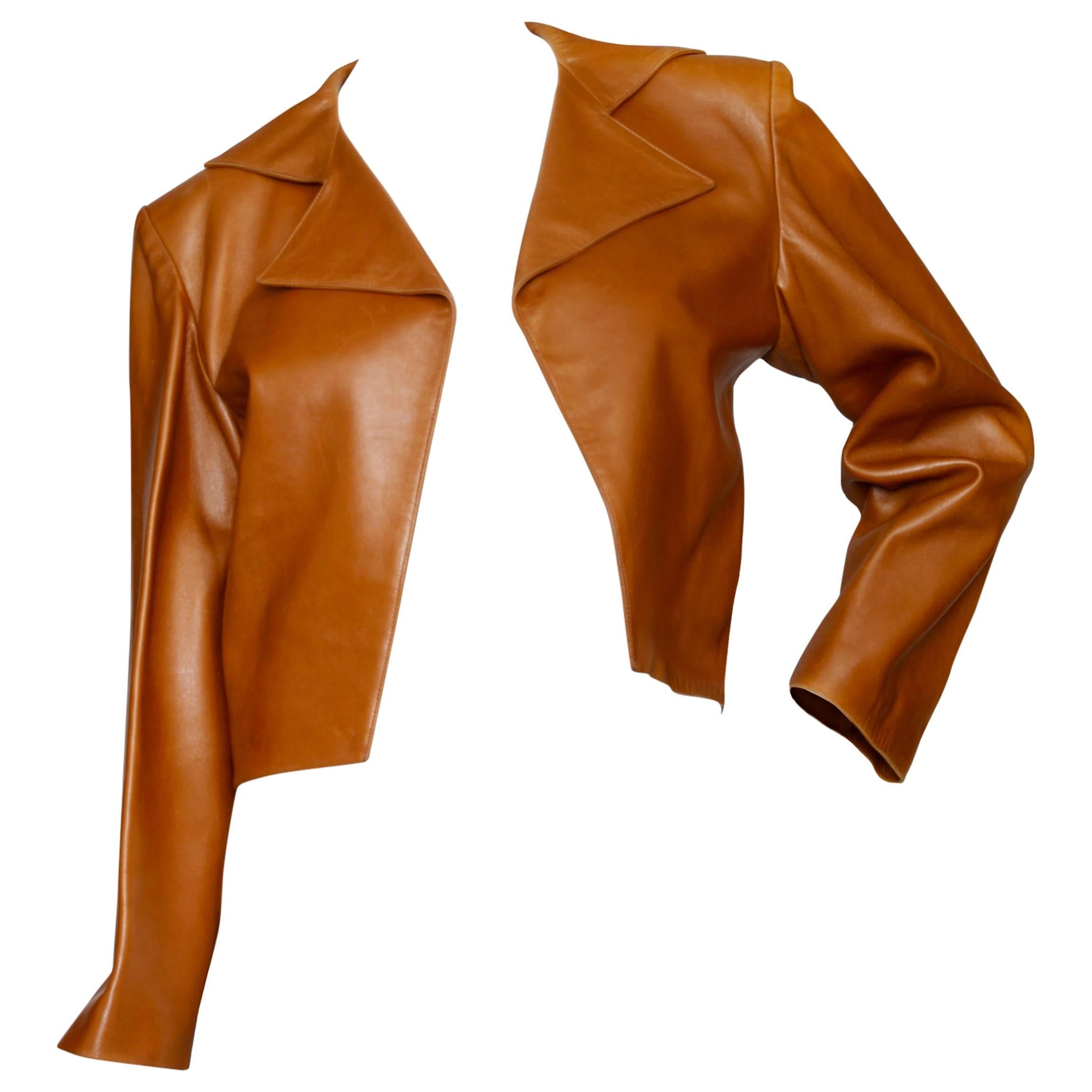80s Yves Saint Laurent Brandy Colored Cropped Leather Jacket