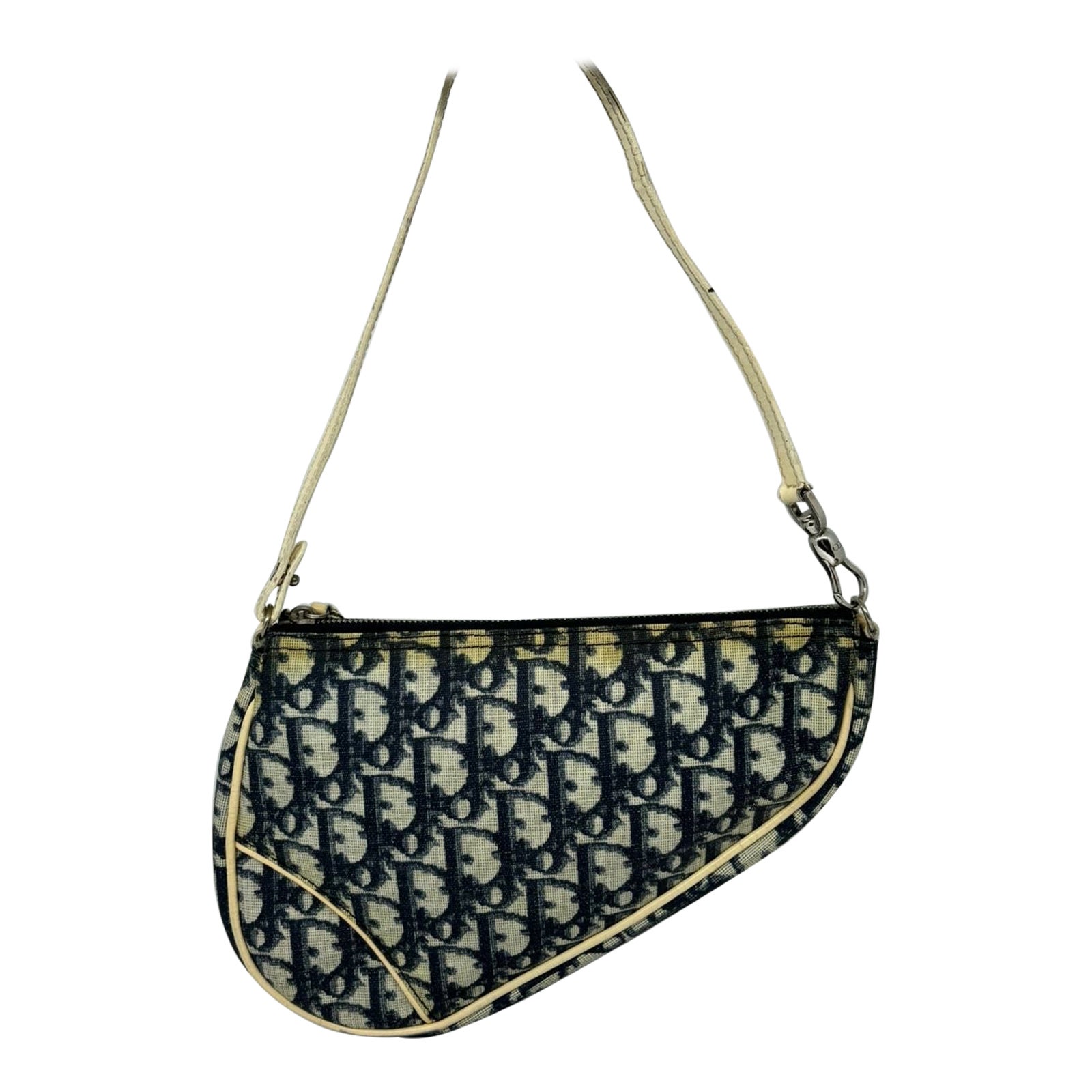 2001 Vintage Christian Dior Navy Oblique Saddle PVC Zip Pochette For Sale