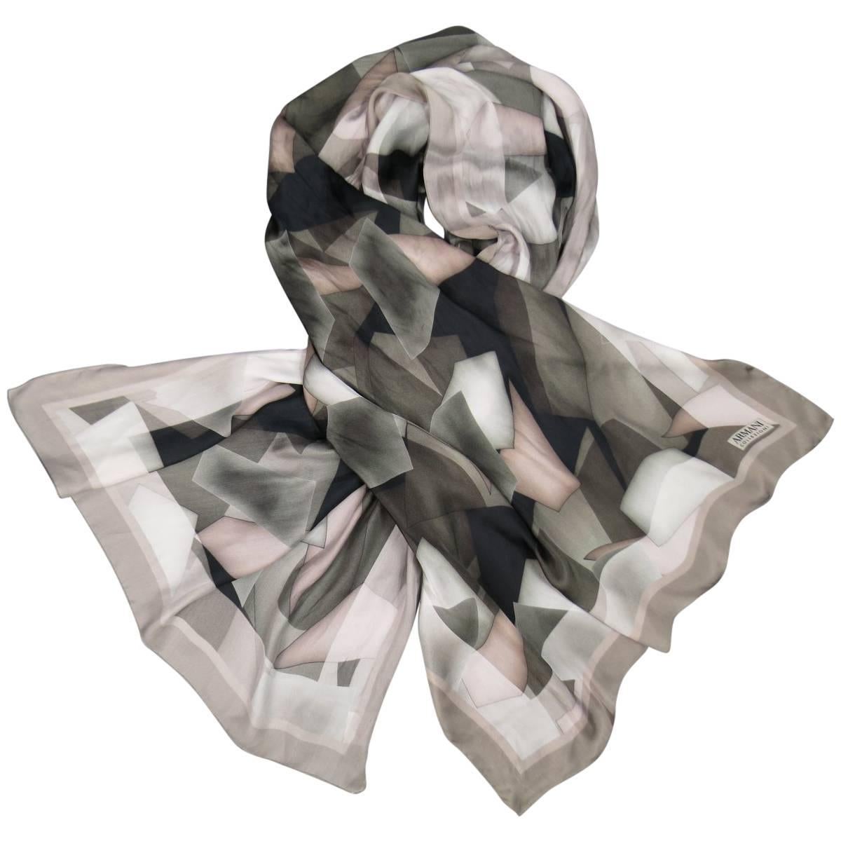 ARMANI COLLEZIONI Taupe & Gray Abstract Geometric Print Silk Scarf