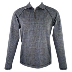 DRIES VAN NOTEN Größe S Schwarzer anthrazitfarbener Pullover aus Glenplaid-Baumwollmischung mit 1/4 Reißverschluss