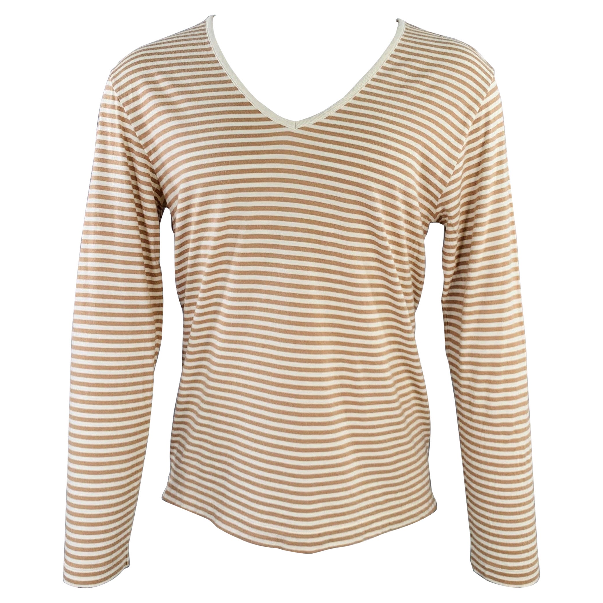 DRIES VAN NOTEN Size S Beige Cream Stripe Cotton Blend Long Sleeve T-shirt For Sale