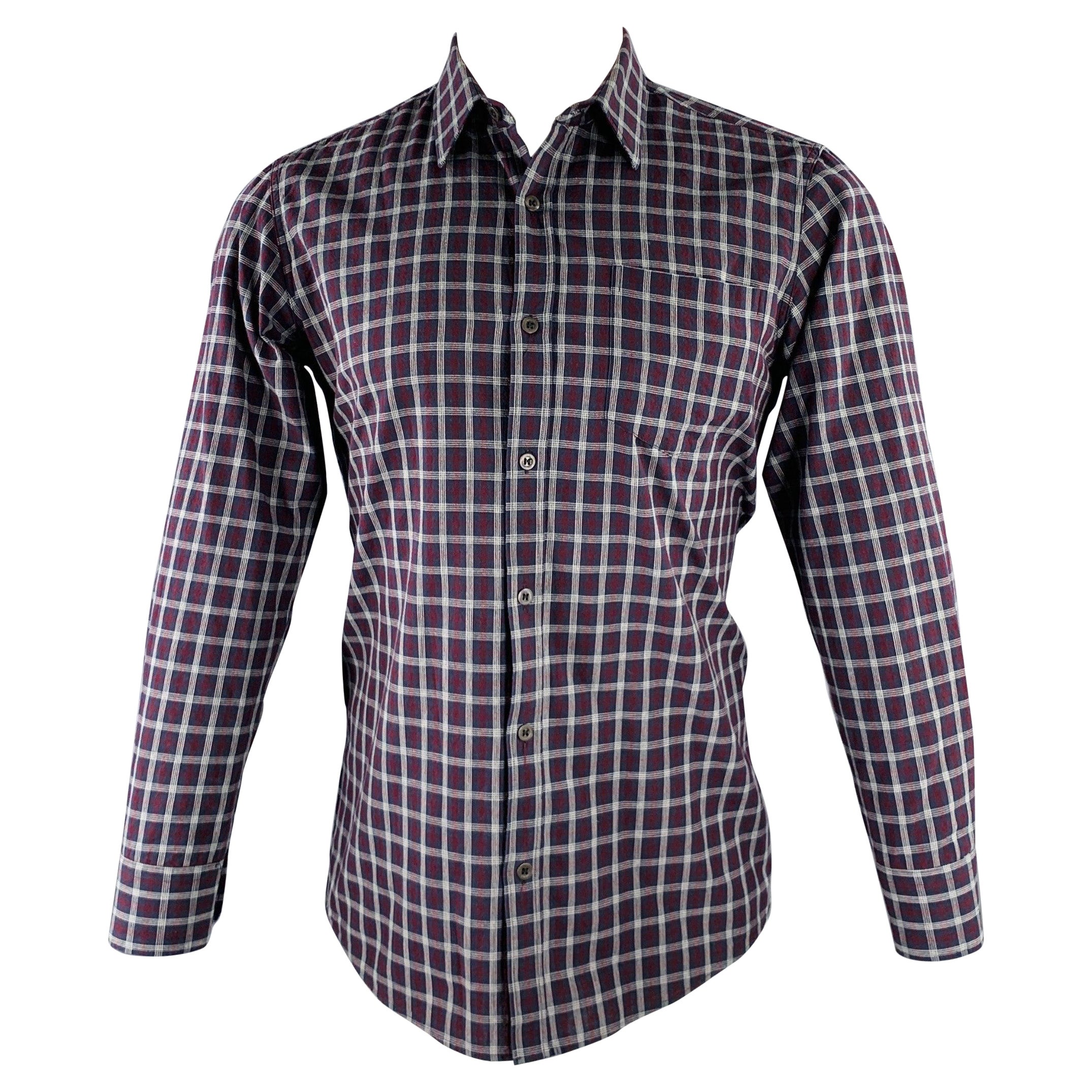 DRIES VAN NOTEN Size S Navy Burgundy Plaid Cotton Button Down Long Sleeve Shirt For Sale
