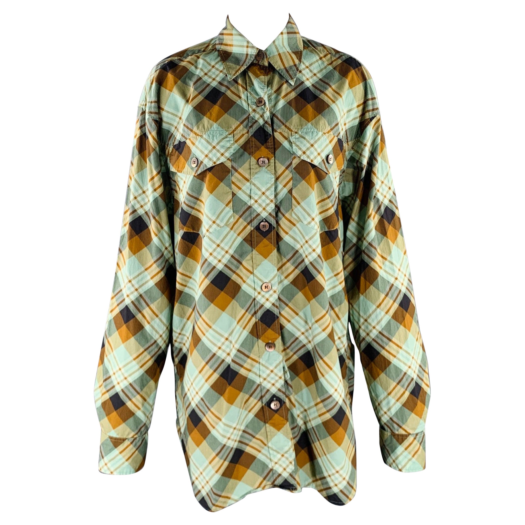 DRIES VAN NOTEN Size S Green Brown Cotton Plaid Shirt Dress