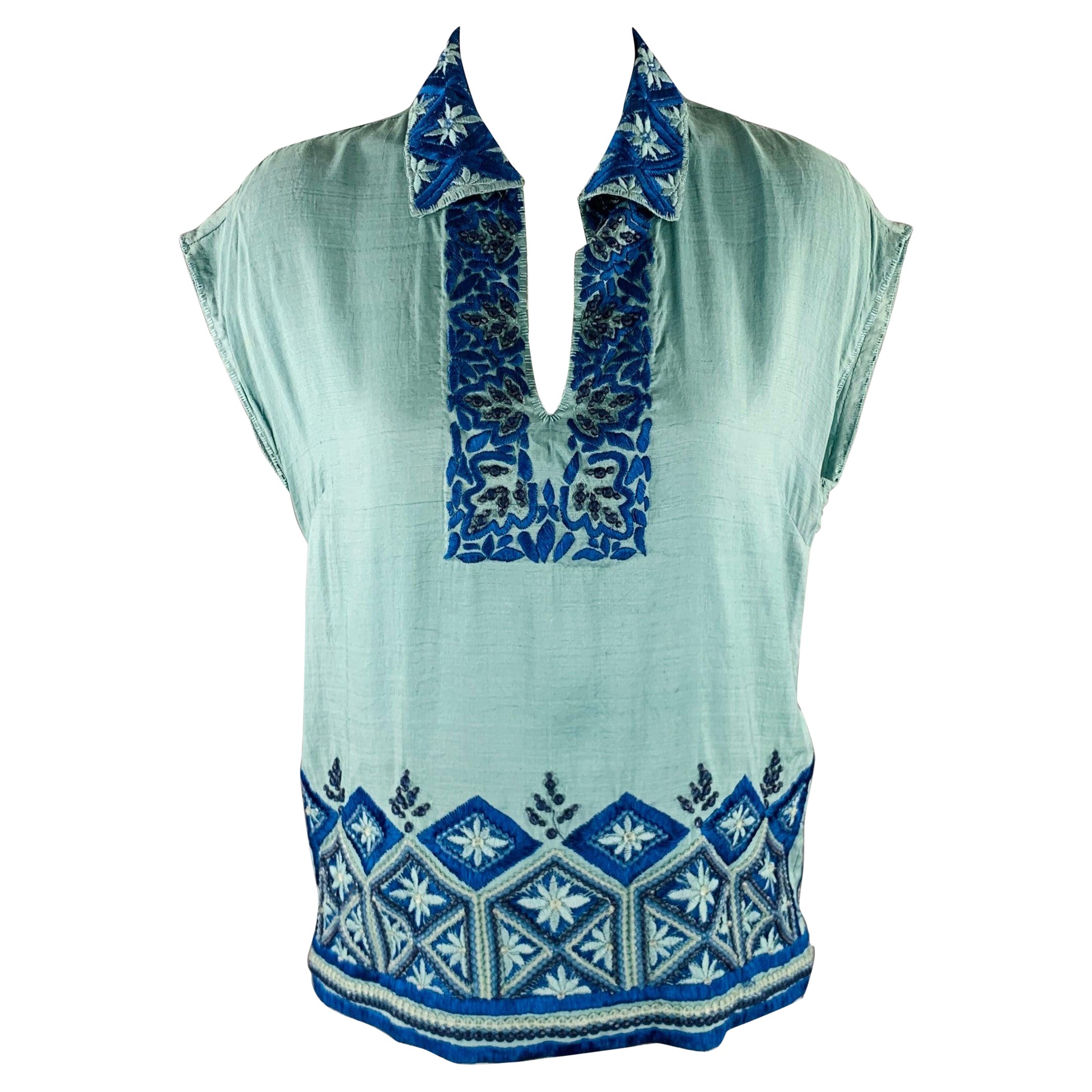 DRIES VAN NOTEN Size 4 Blue Light Blue Silk Embroidered Sleeveless Casual Top For Sale