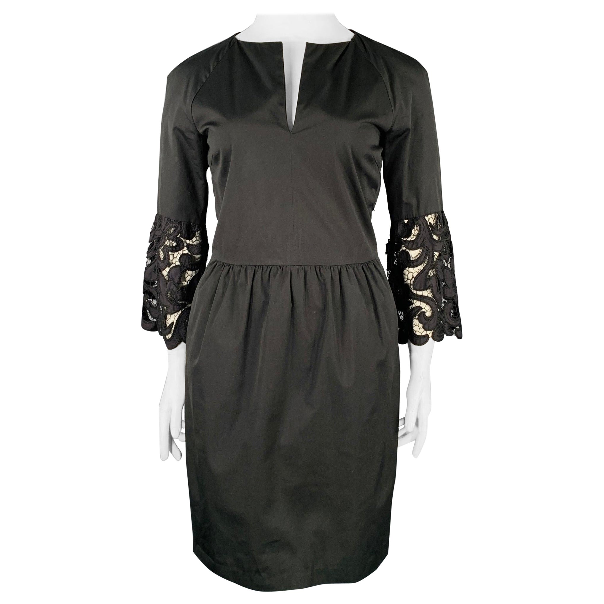 DRIES VAN NOTEN Taglia 10 Vestito nero in cotone con maniche a 3/4 ricamate