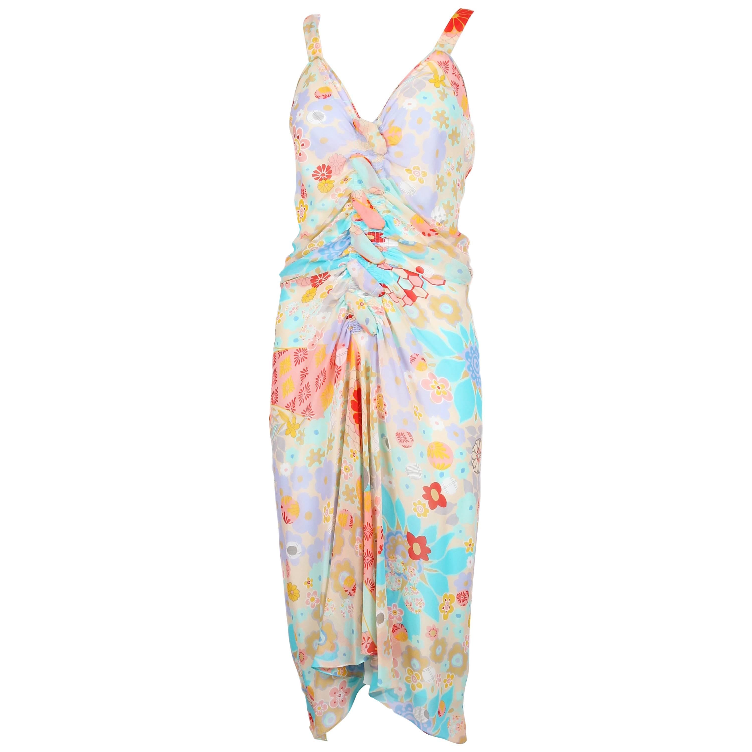 John Galliano Multi-Colored Floral Print Bias Cut Cocktail Dress W/Ruching