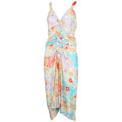 John Galliano Multi-Colored Floral Print Bias Cut Cocktail Dress W/Ruching 10