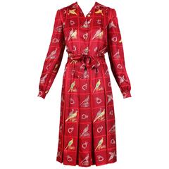 Vintage Gucci Burgundy Silk Pleated Dress W/ Pheasant & French Horn Print 3