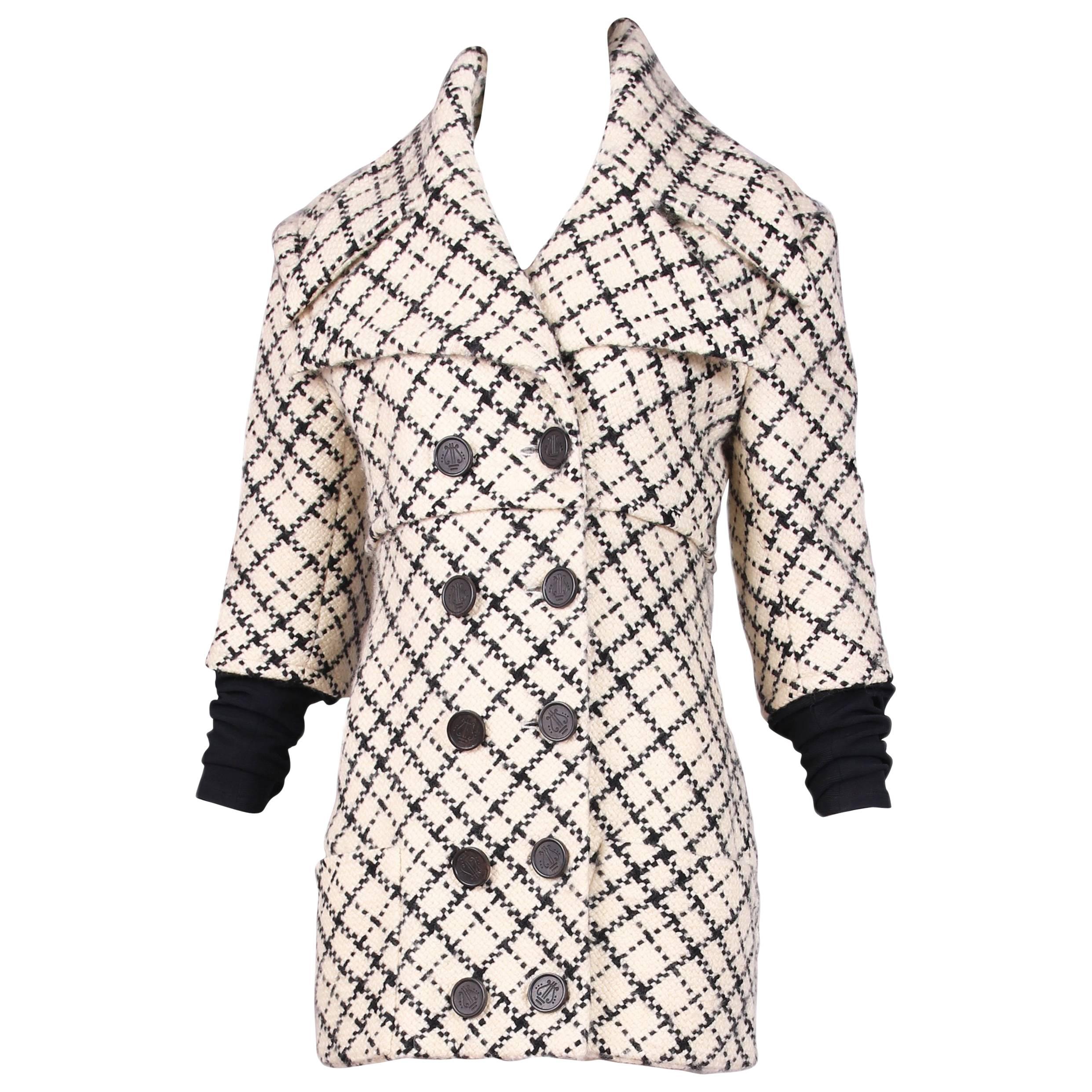 Givenchy Black White Plaid Oversized Collar Jacket with Lycra Sleeve Attachment