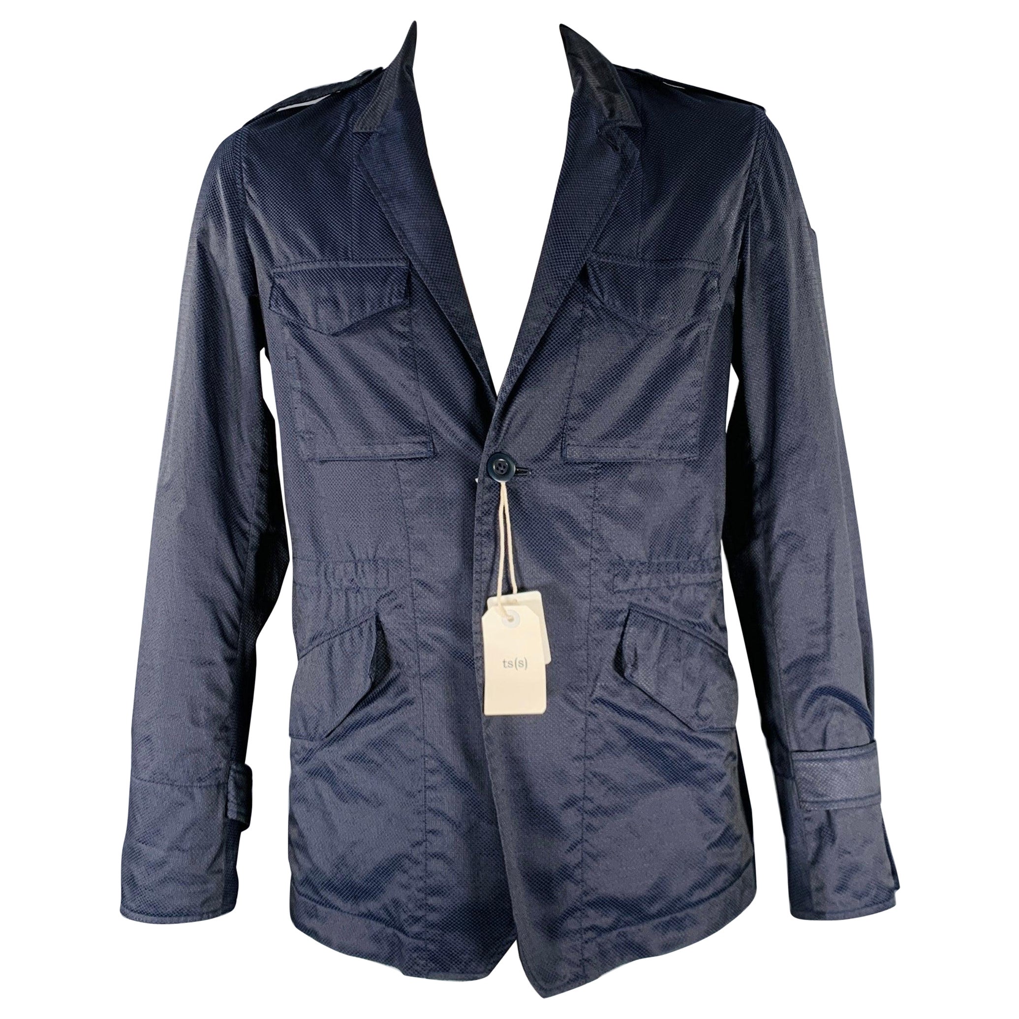 TS (S) Size L Navy Textured Cotton Drawstring Hacking Jacket For Sale