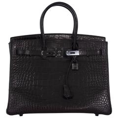 Hermes So-Black Birkin Bag 35cm Black Matt Alligator Skin Black Hardware